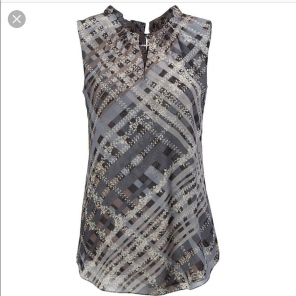 CAbi Grey and Black Sleeveless Printed Ruffle Neck Blouse